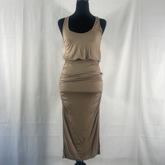 Tan,Fitted, ruched at sides sleeveless maxi dress, scoop neck,small - Picture 10 of 10